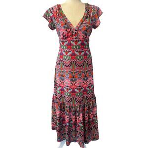 Vanessa Virginia Anthropologie Mural Maxi Dress Multicolor Print Tie Back Size 6